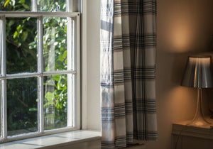 Living room window, with plaid curtains, next to it is a small table with an accent lamp.
