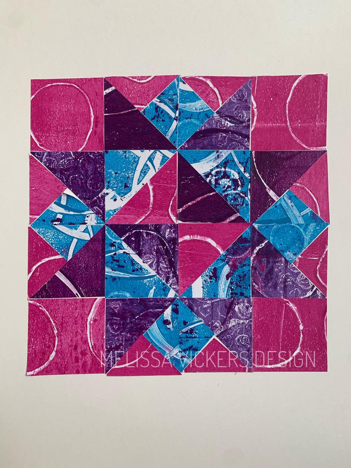 Gelli-Printed Paper Quilt Star: Magenta, Purple & Blues