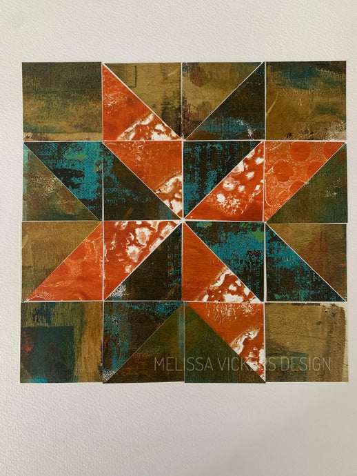 Gelli-Printed Paper Quilt Star: Golds, Oranges and Dark Teals