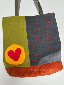 Upcycled Tote Bag: Avocado Green, Citrus Orange & Charcoal Gray